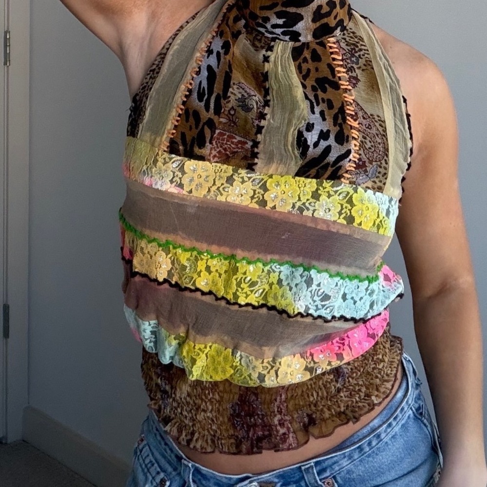 Vintage Y2K Fashion Spy Leopard Print Glitter Lace Mockneck Tank Size Small